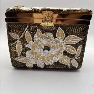 Vintage Japan Work Beaded Gold and White Floral Beaded Clutch/Box